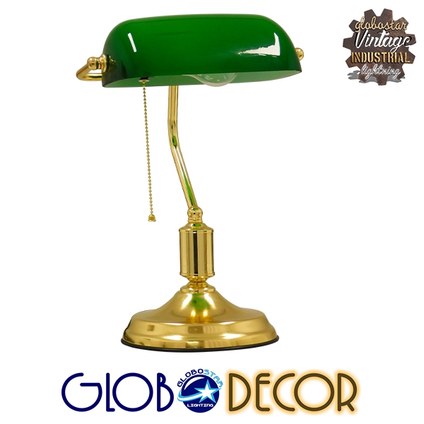 GloboStar BANKER GREEN 01391 Vintage Επιτραπέζιο Φωτιστικό Πορτατίφ Μονόφωτο Μεταλλικό Χρυσό Μπρούτζινο με Πράσινο Καπέλο 